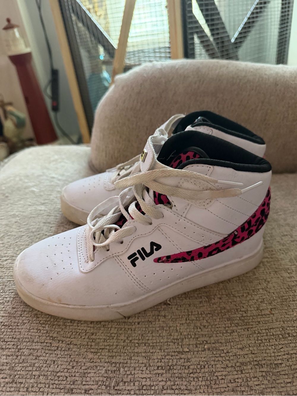 FILA Kids White High-Top Sneakers with Pink Leopard Accent